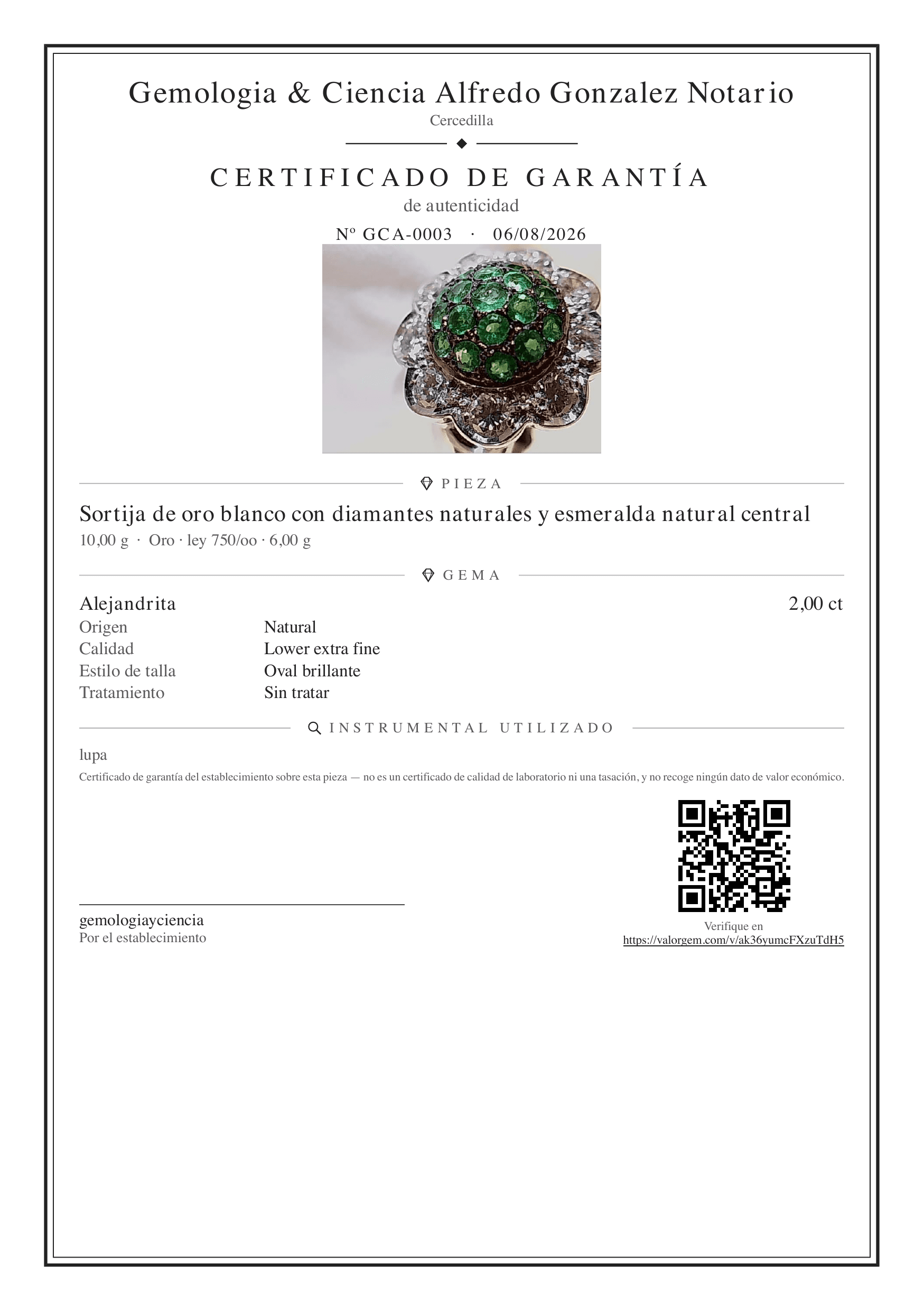 Warranty certificate issued with ValorGem: it identifies the piece, its gems and characteristics, with a verification QR code